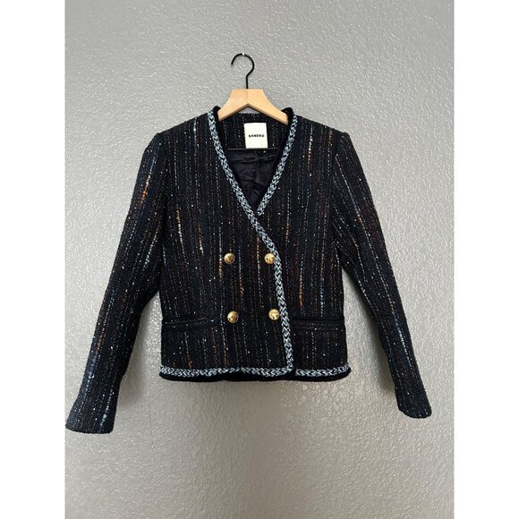 SANDRO TWEED DOUBLE BREASTED JACKET WOVEN BRAID TRIM SIZE 34 - Picture 2 of 6